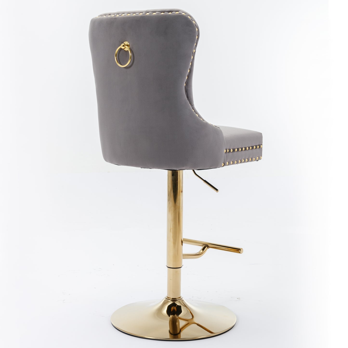 Set of 2 Height Adjustable Upholstered Tufted Velvet Armless Bar Stools with Gold Details- Gray_5