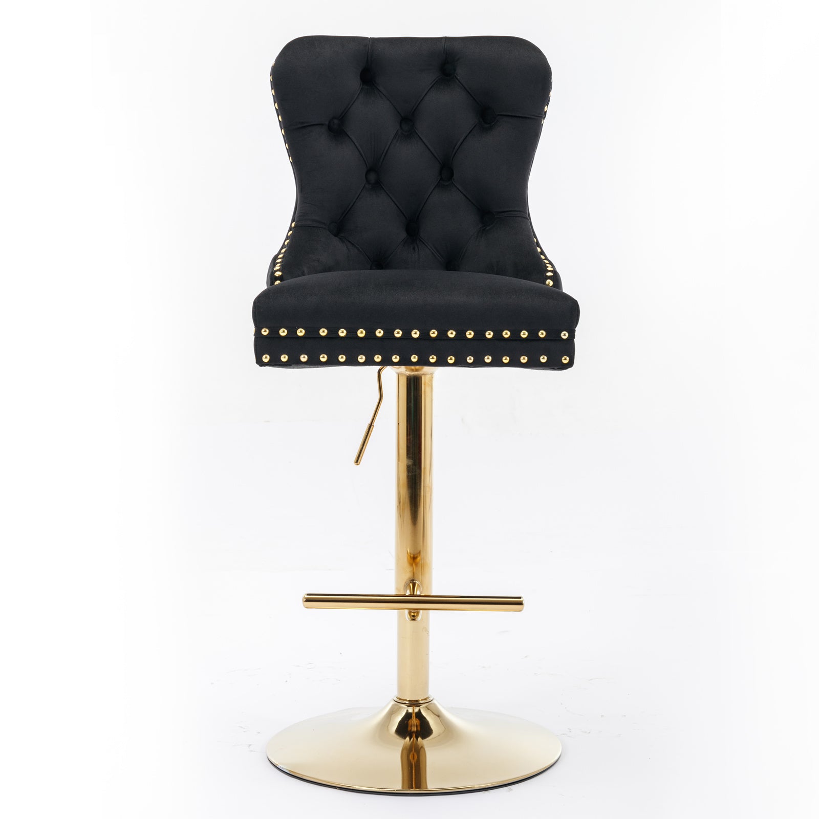 Set of 2 Height Adjustable Upholstered Tufted Velvet Armless Bar Stools with Gold Details- Black_2