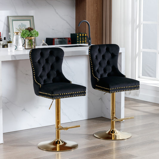 Set of 2 Height Adjustable Upholstered Tufted Velvet Armless Bar Stools with Gold Details- Black_0