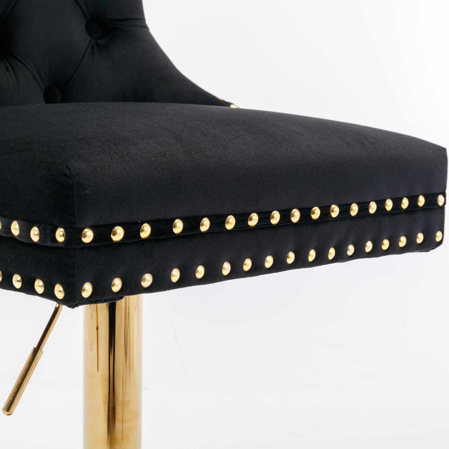 Set of 2 Height Adjustable Upholstered Tufted Velvet Armless Bar Stools with Gold Details- Black_12
