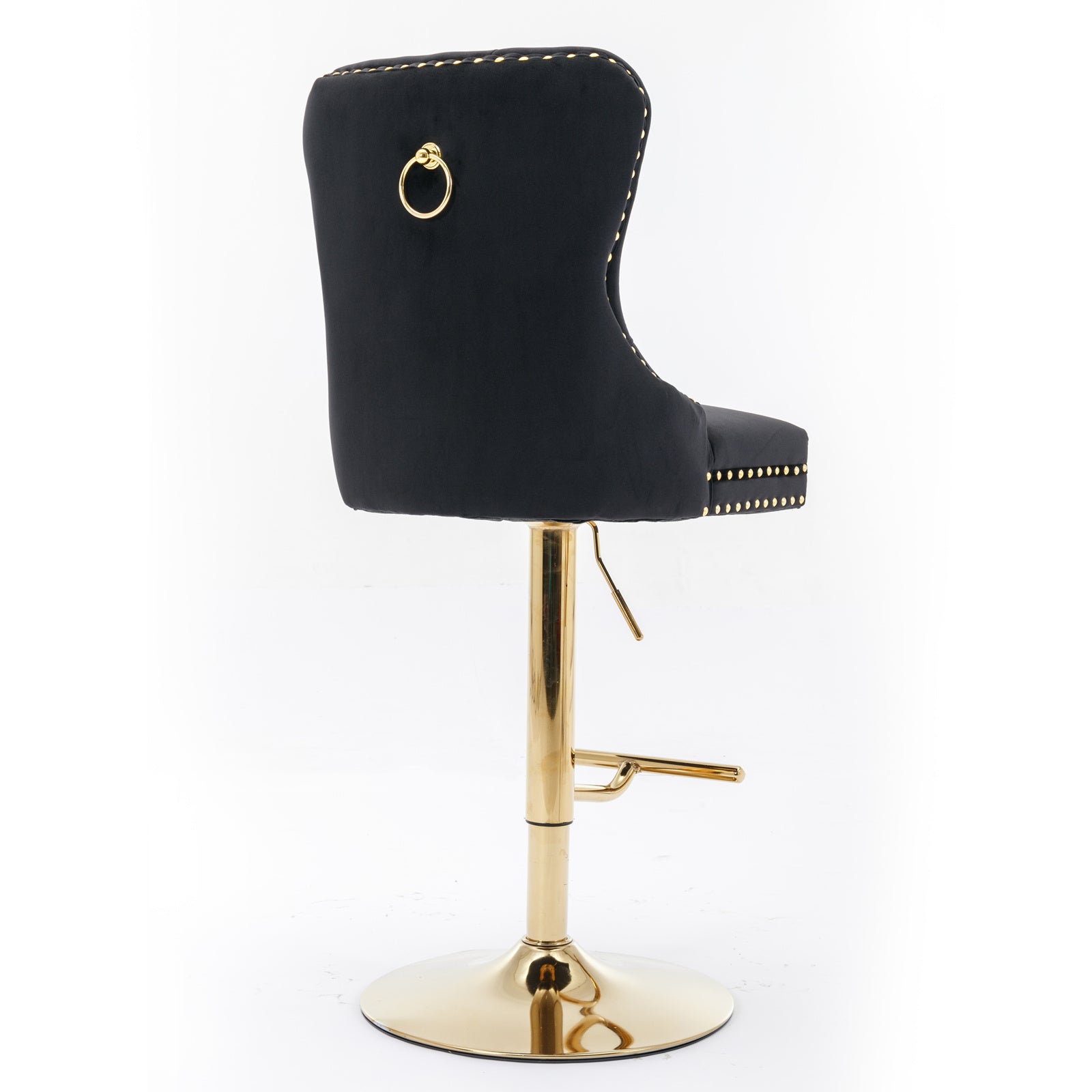 Set of 2 Height Adjustable Upholstered Tufted Velvet Armless Bar Stools with Gold Details- Black_5