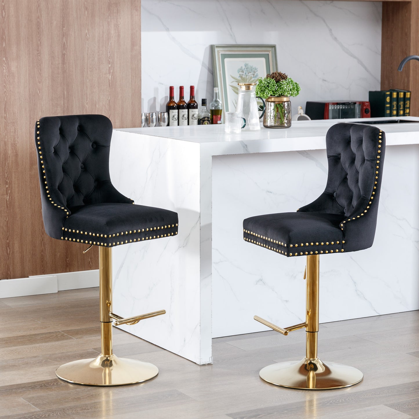 Set of 2 Height Adjustable Upholstered Tufted Velvet Armless Bar Stools with Gold Details- Black_15