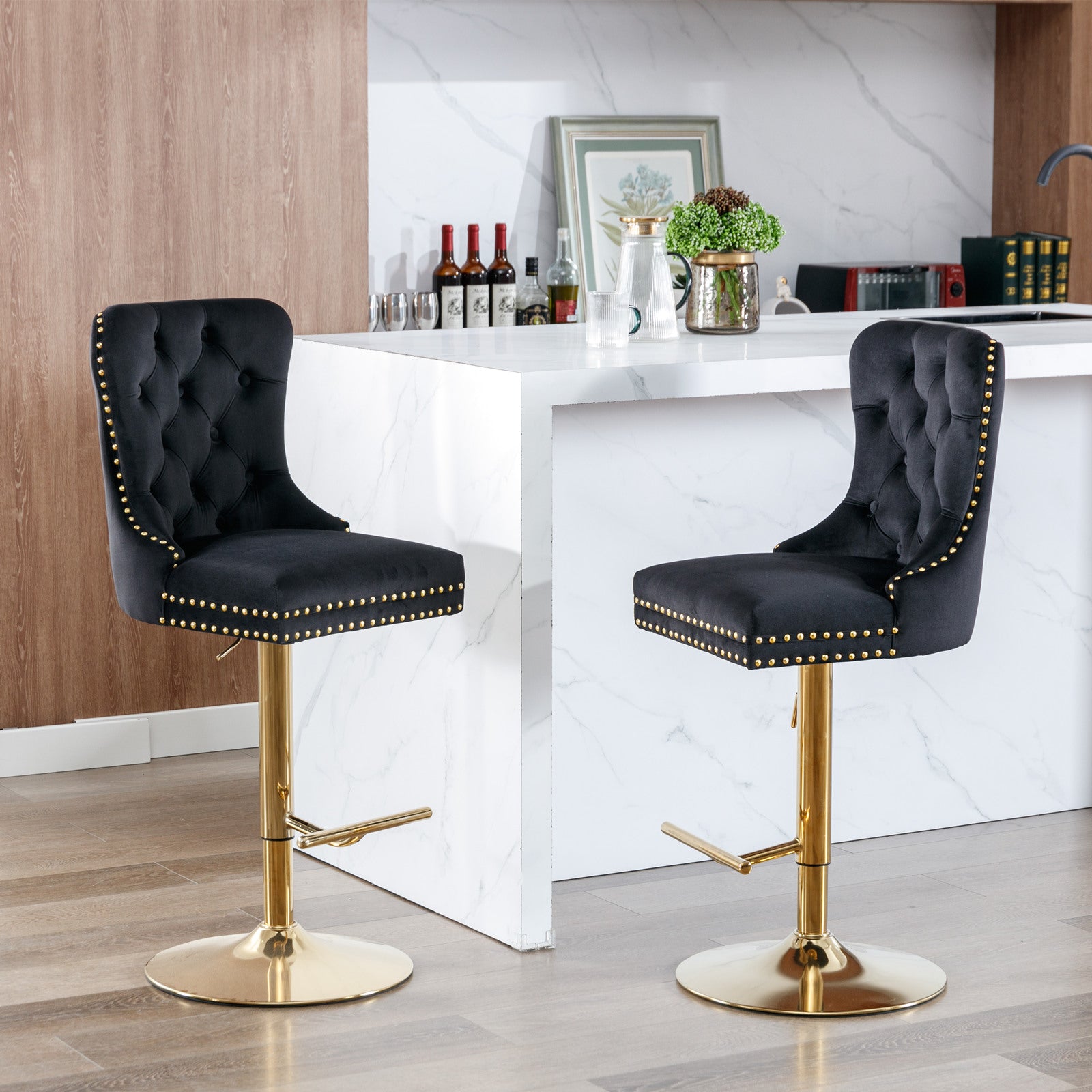 Set of 2 Height Adjustable Upholstered Tufted Velvet Armless Bar Stools with Gold Details- Black_15