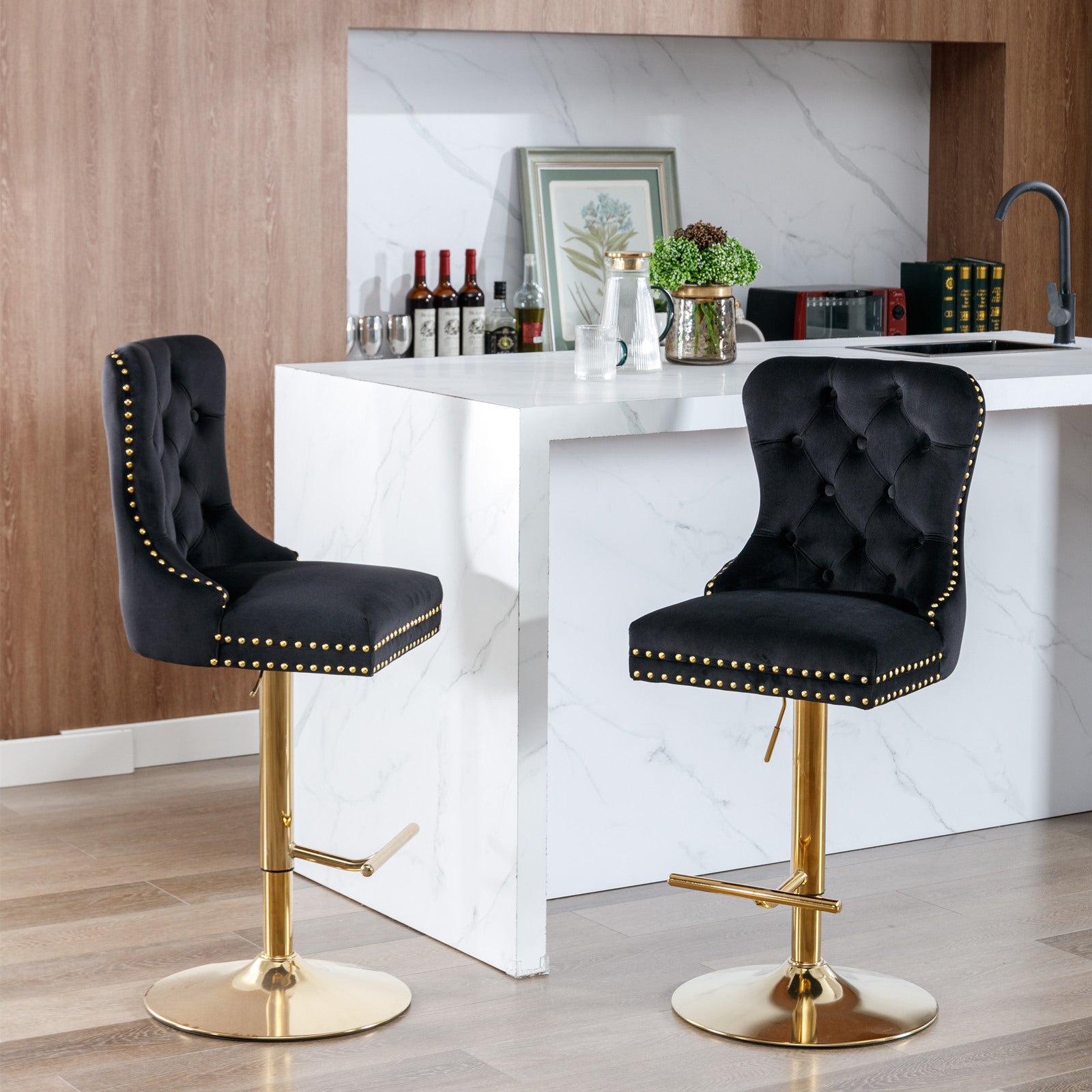 Set of 2 Height Adjustable Upholstered Tufted Velvet Armless Bar Stools with Gold Details- Black_20