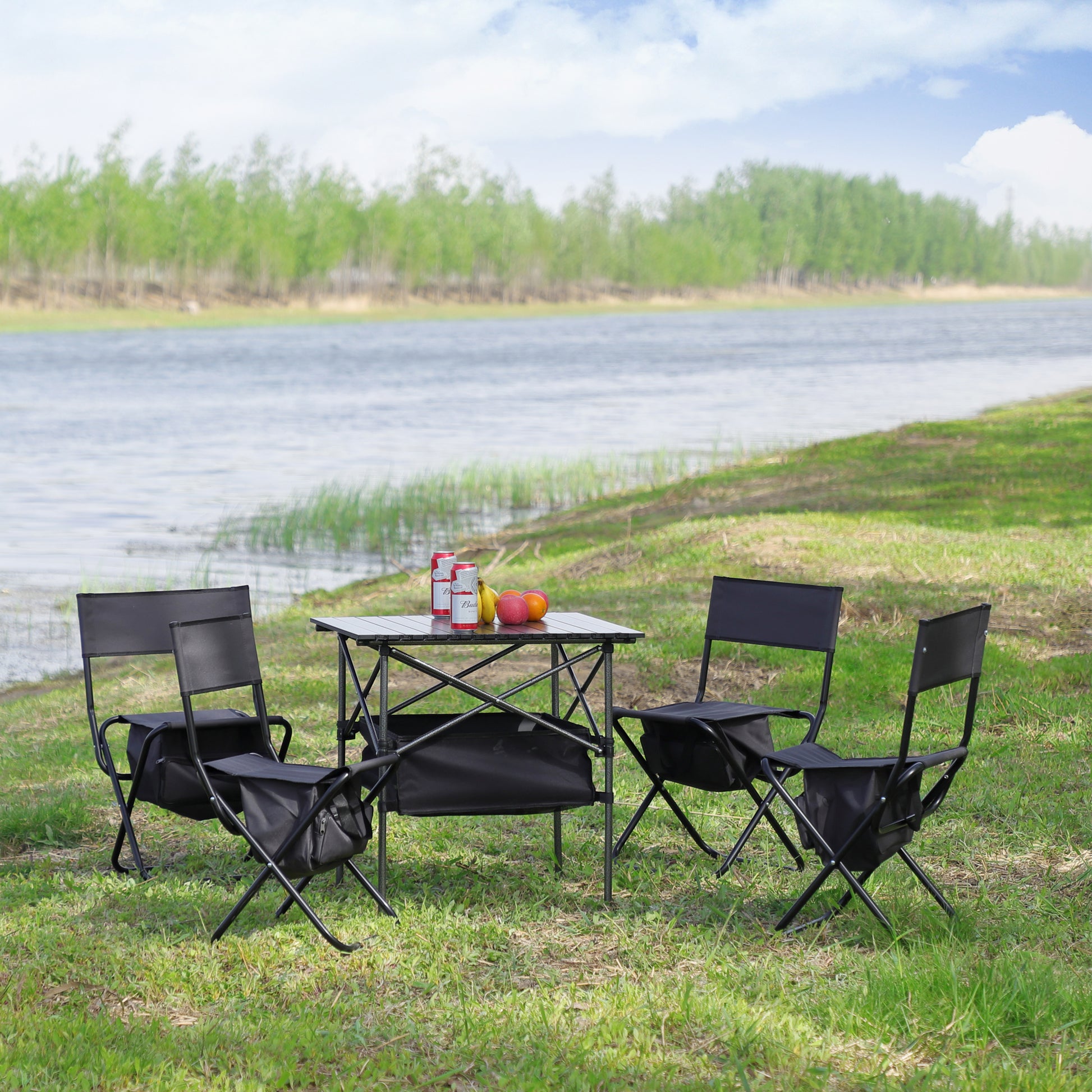 Set of 5 Outdoor Camping Foldable Chair and Roll up Portable Table- Black_3