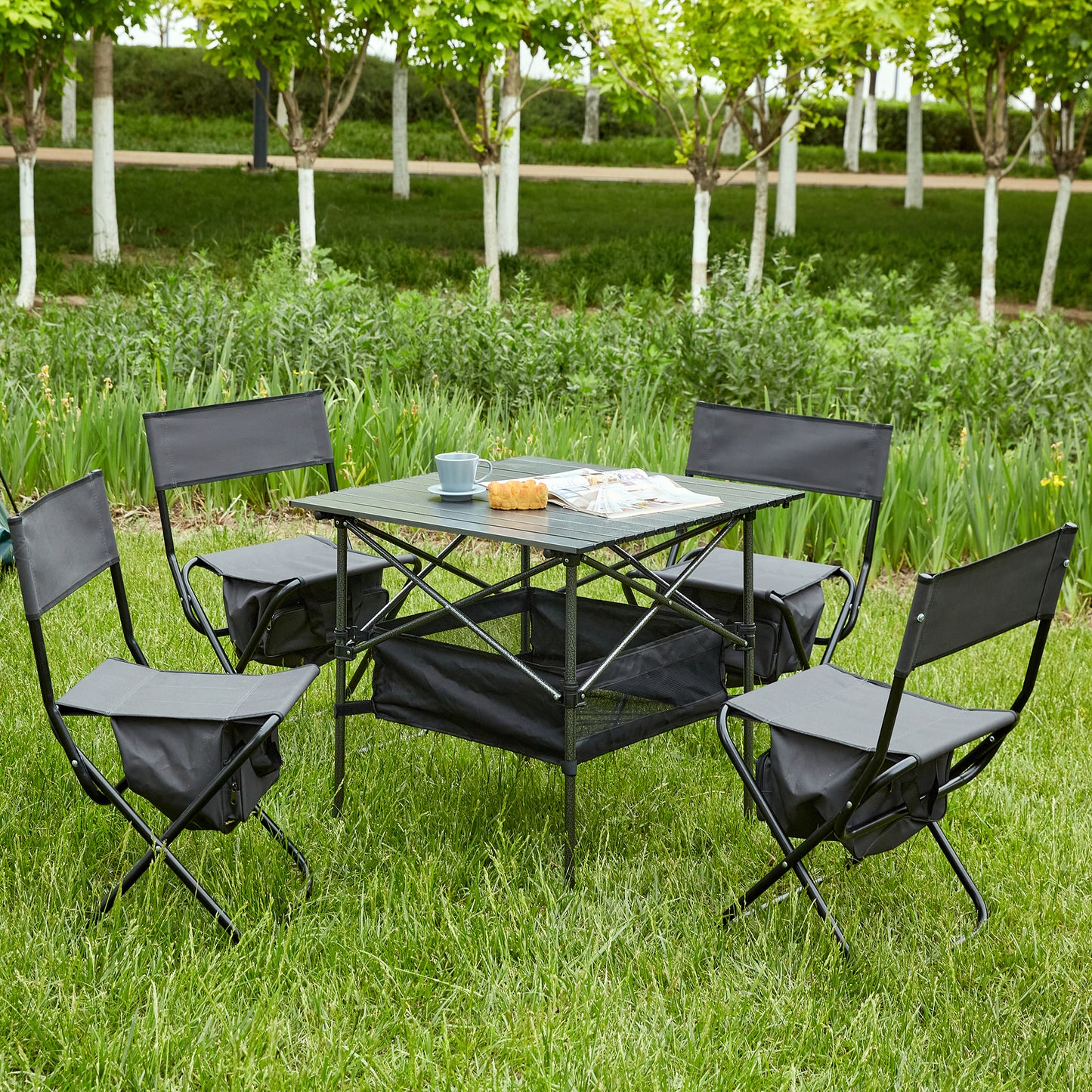 Set of 5 Outdoor Camping Foldable Chair and Roll up Portable Table- Black_1