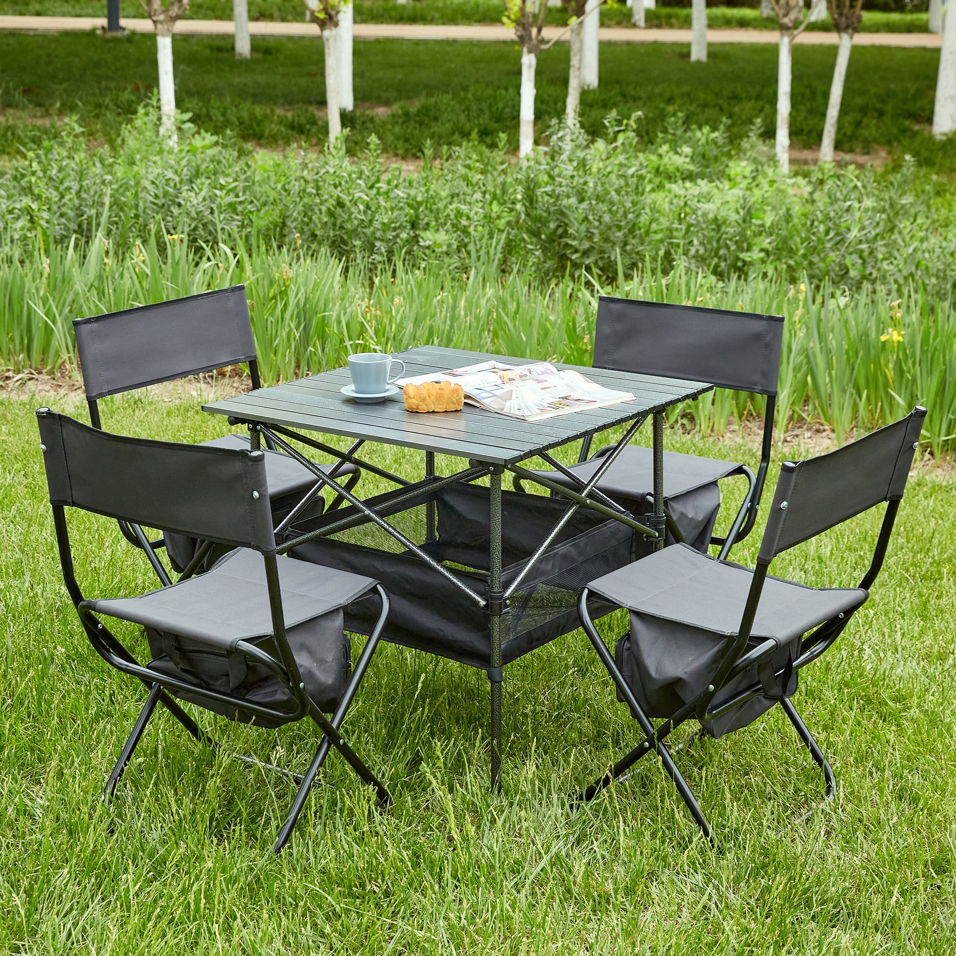 Set of 5 Outdoor Camping Foldable Chair and Roll up Portable Table- Black_2