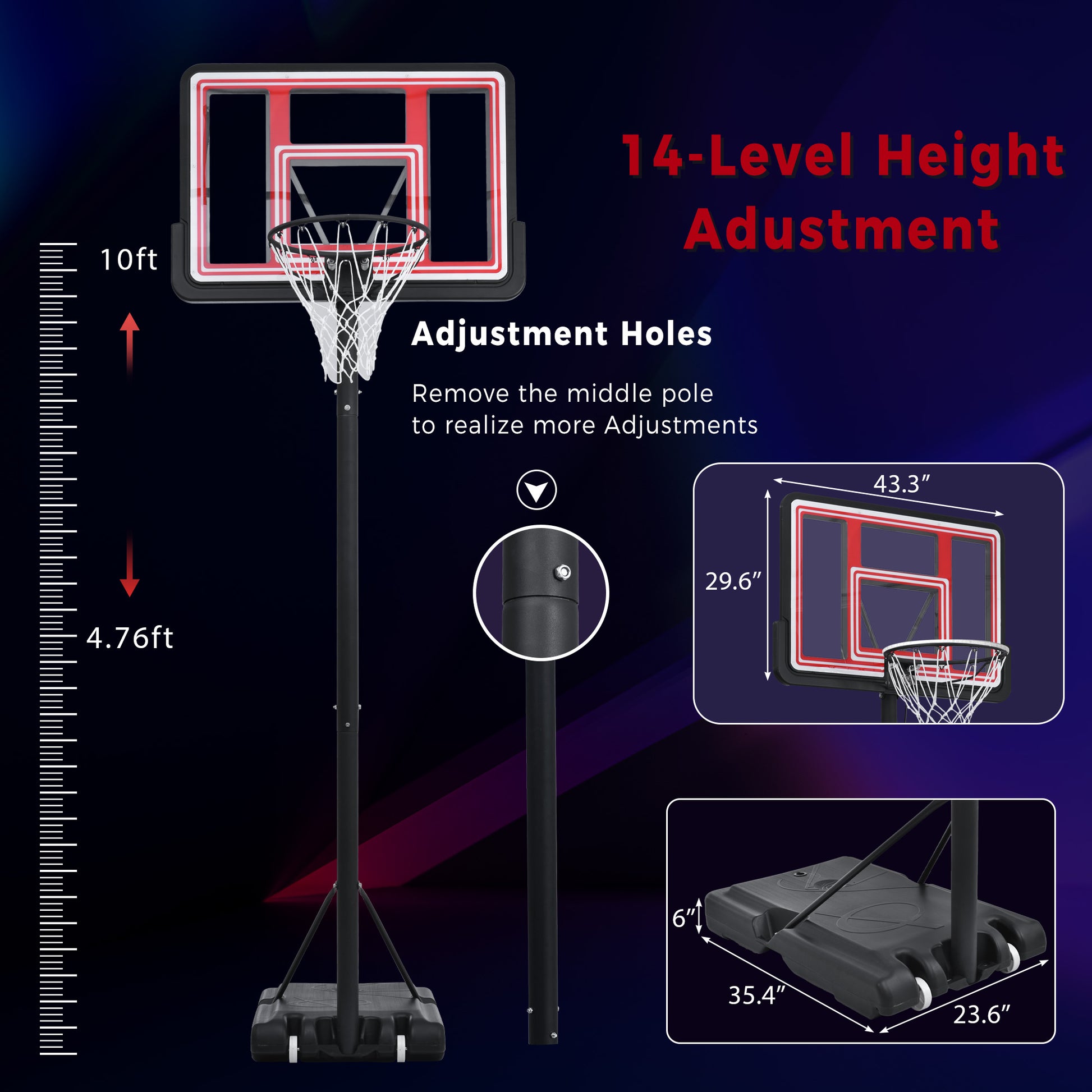 Adjustable Height Portable Basketball System with Wheels and Stable Base_21
