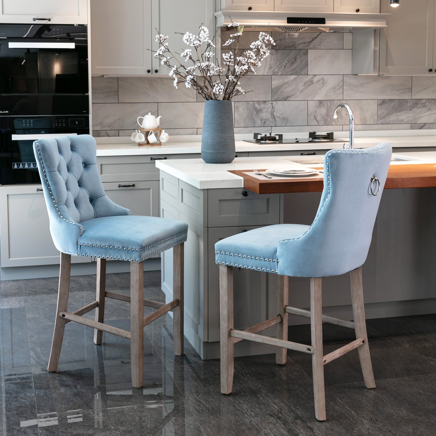 2 pcs High-End Chrome Detailed Tufted Contemporary Velvet Bar Stool with Wooden Legs- Light Blue, Brown_10