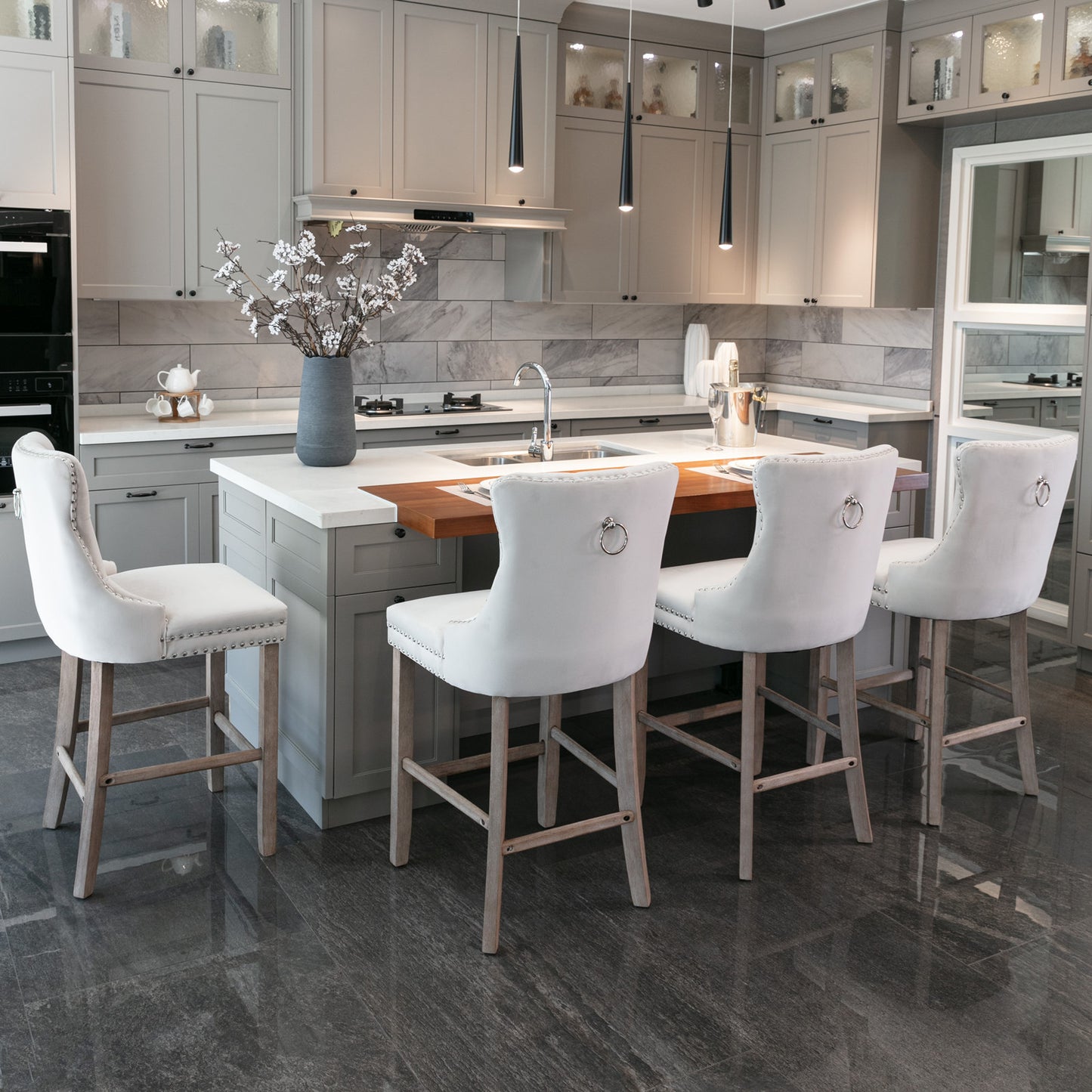 2 pcs High-End Chrome Detailed Tufted Contemporary Velvet Bar Stool with Wooden Legs- Beige, Brown_13
