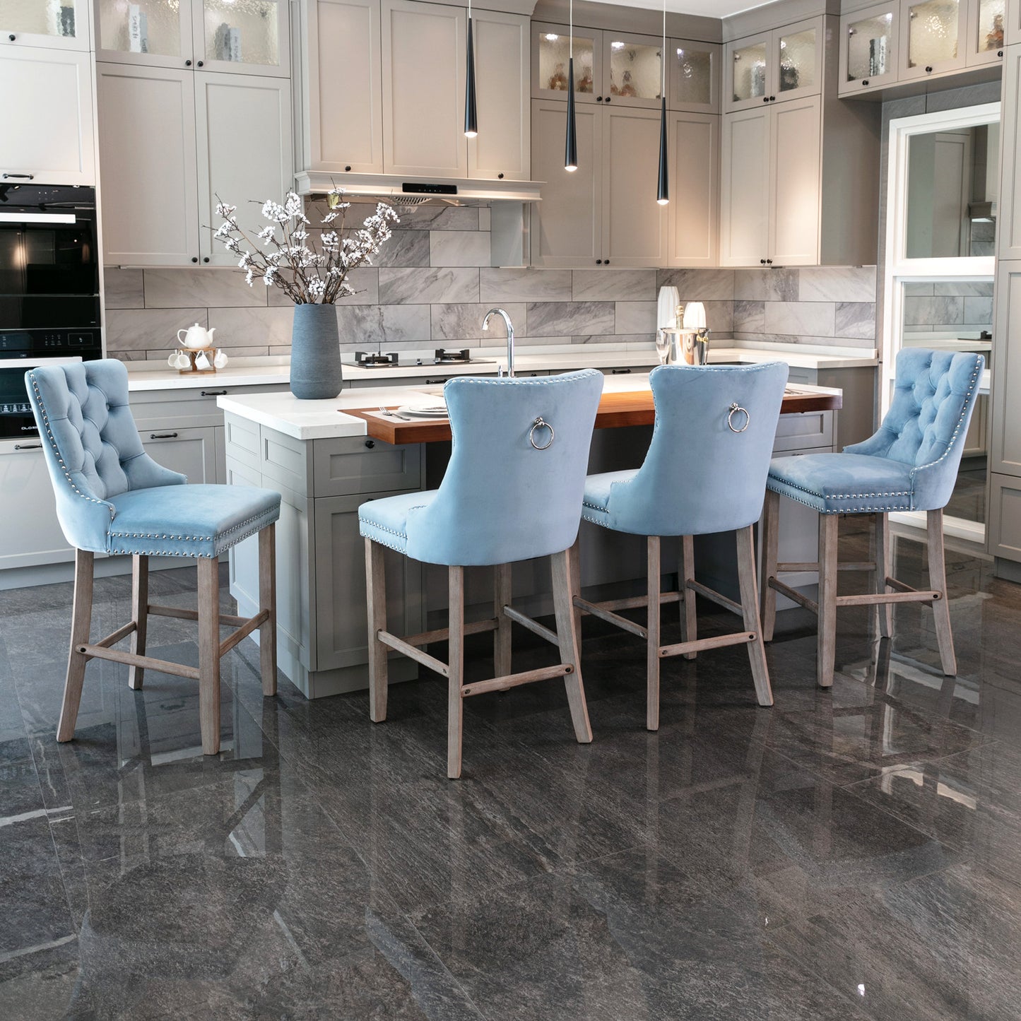2 pcs High-End Chrome Detailed Tufted Contemporary Velvet Bar Stool with Wooden Legs- Light Blue, Brown_12
