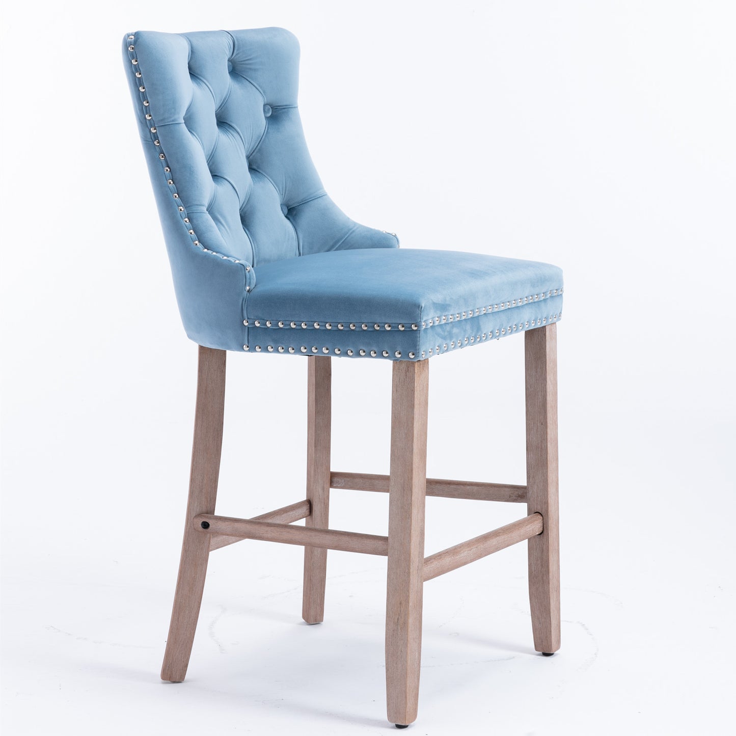2 pcs High-End Chrome Detailed Tufted Contemporary Velvet Bar Stool with Wooden Legs- Light Blue, Brown_4