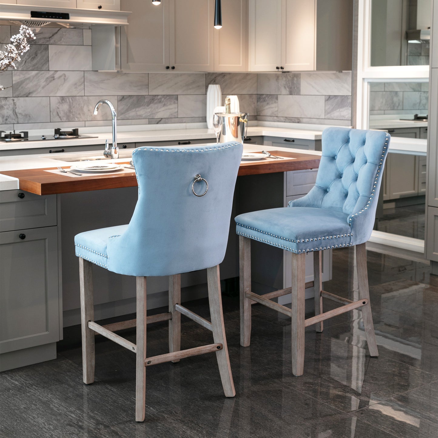 2 pcs High-End Chrome Detailed Tufted Contemporary Velvet Bar Stool with Wooden Legs- Light Blue, Brown_11