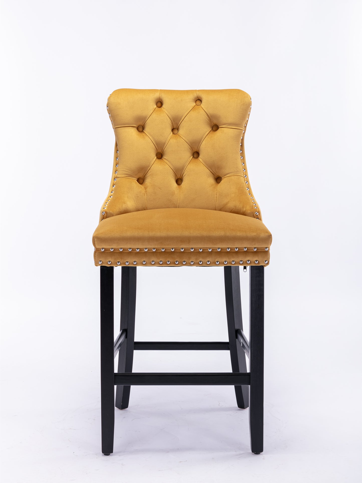 2 pcs High-End Chrome Detailed Tufted Contemporary Velvet Bar Stool with Wooden Legs- Gold, Black_2