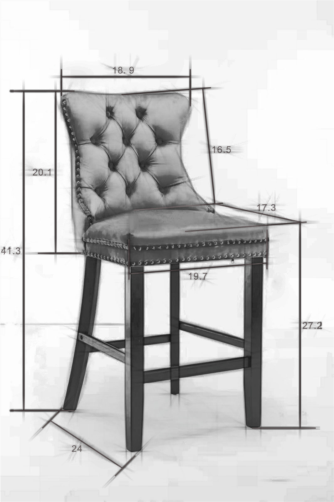2 pcs High-End Chrome Detailed Tufted Contemporary Velvet Bar Stool with Wooden Legs- Gold, Black_7