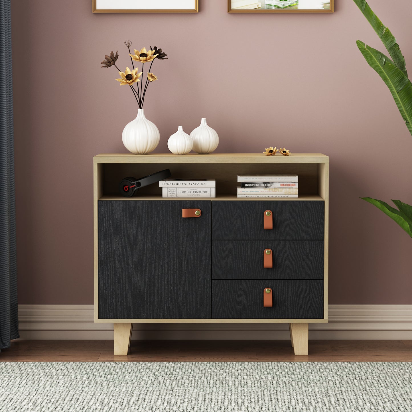 Wood Storage Dresser Cabinet Bar Storage Organizer with PU Handles- Black+Brown_0