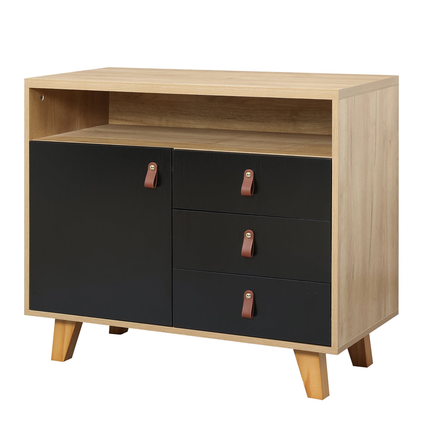 Wood Storage Dresser Cabinet Bar Storage Organizer with PU Handles- Black+Brown_10