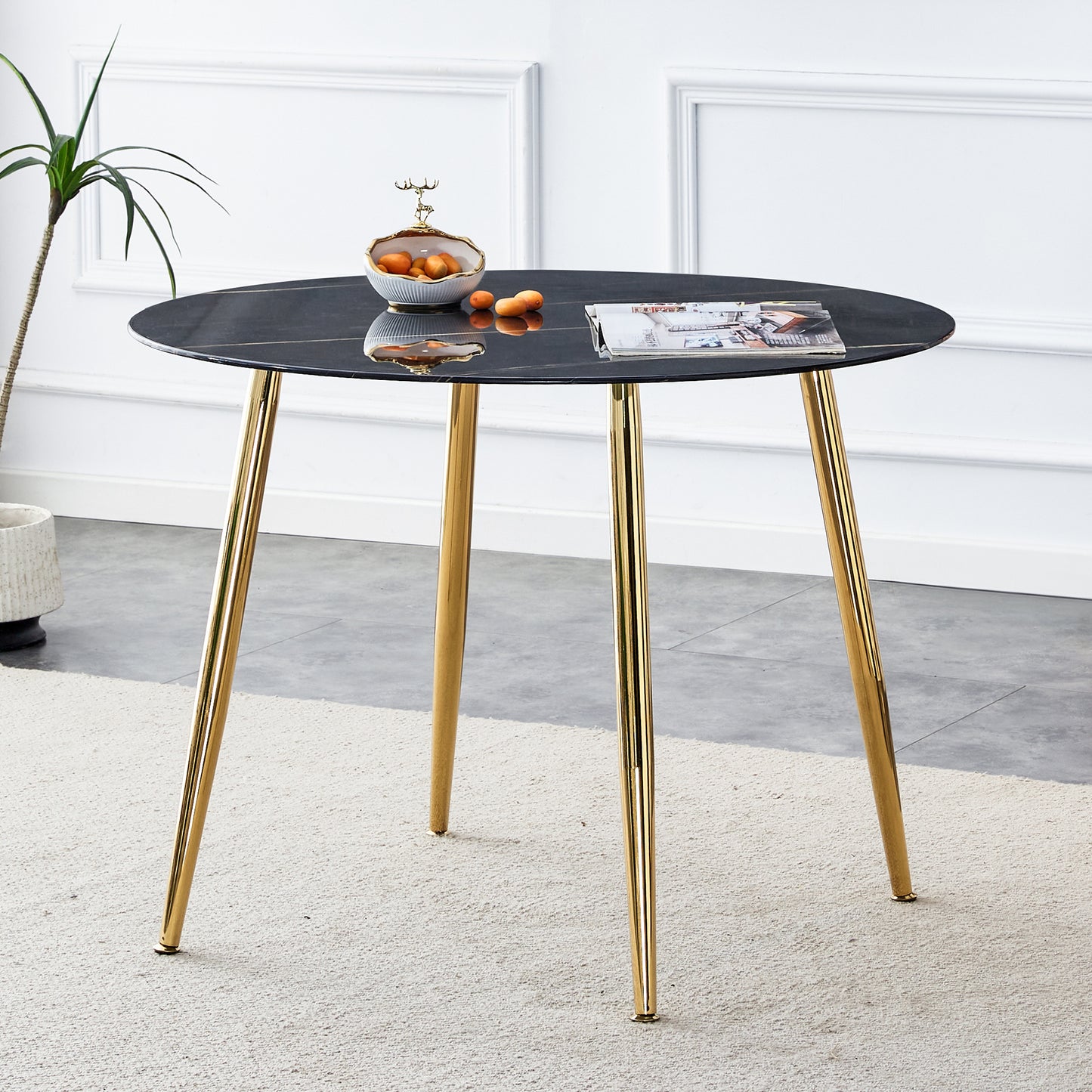 40 inches Modern Minimalist Round Black Marbled Glass Coffee Table with Gold Metal Legs_2