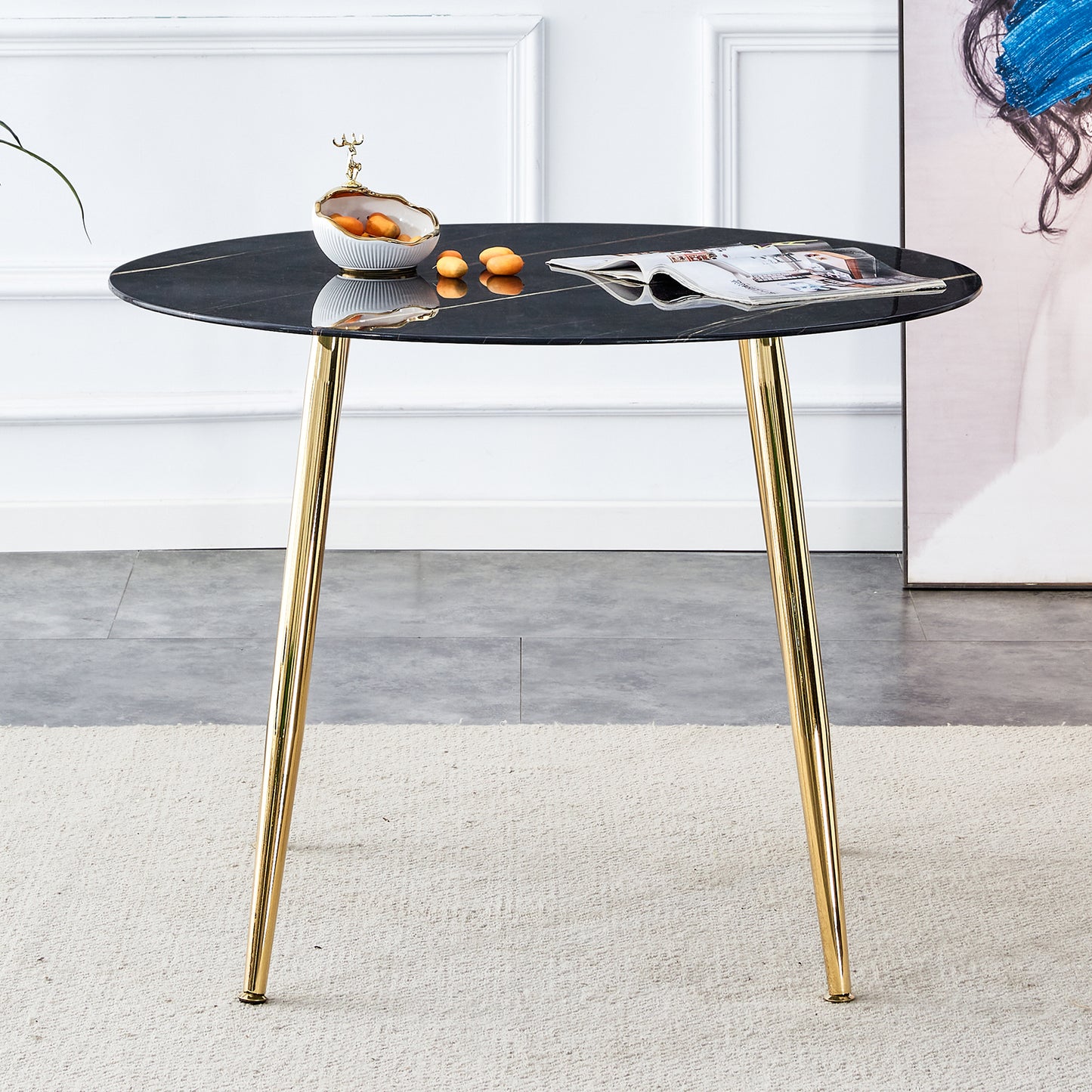 40 inches Modern Minimalist Round Black Marbled Glass Coffee Table with Gold Metal Legs_1