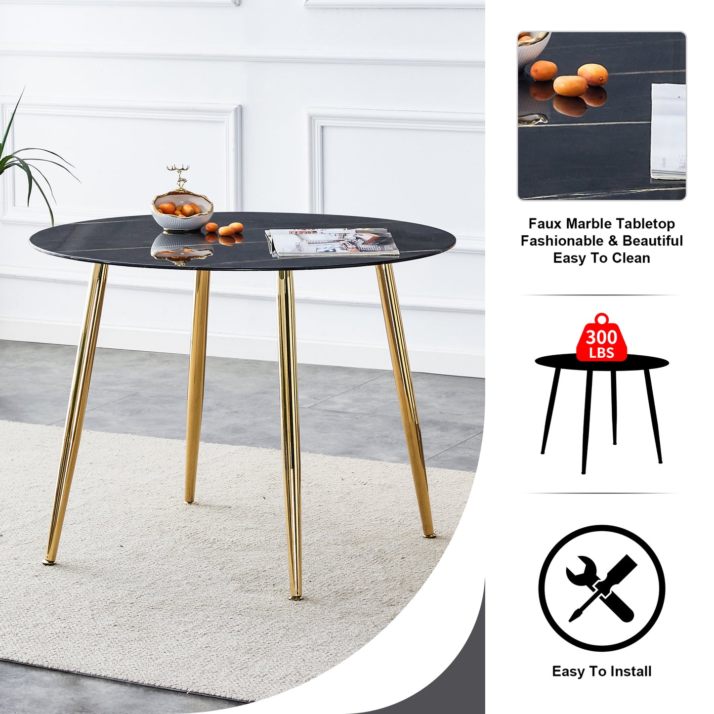 40 inches Modern Minimalist Round Black Marbled Glass Coffee Table with Gold Metal Legs_15