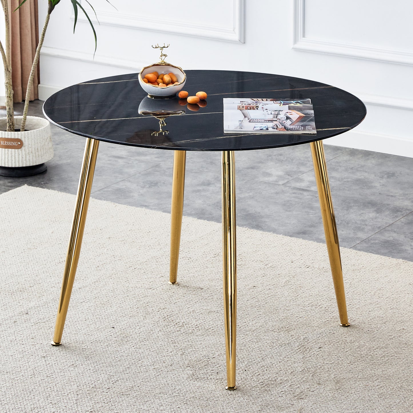 40 inches Modern Minimalist Round Black Marbled Glass Coffee Table with Gold Metal Legs_0