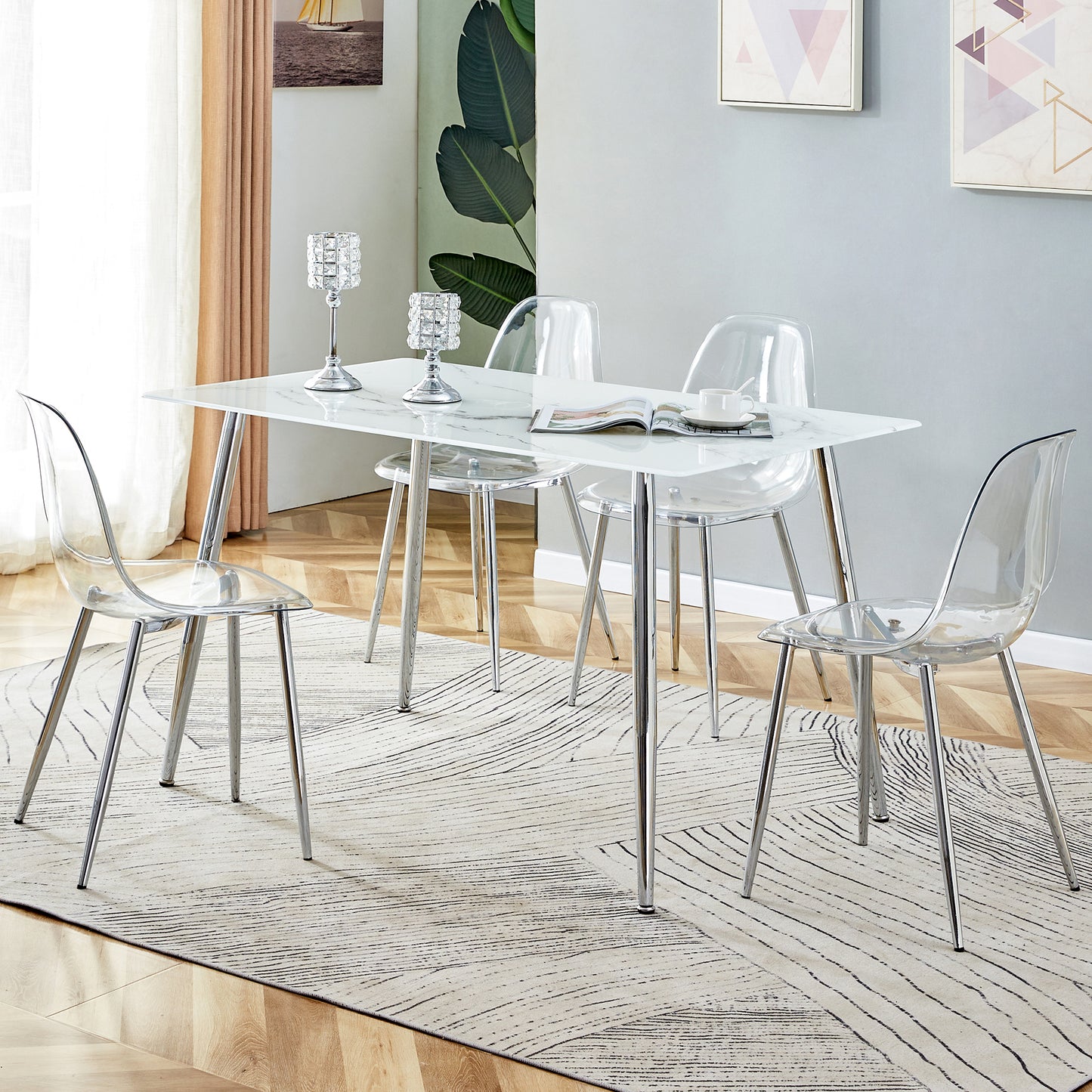 Modern Minimalist Rectangular White Marbled Tempered Glass Desktop with Silver Metal Legs_6