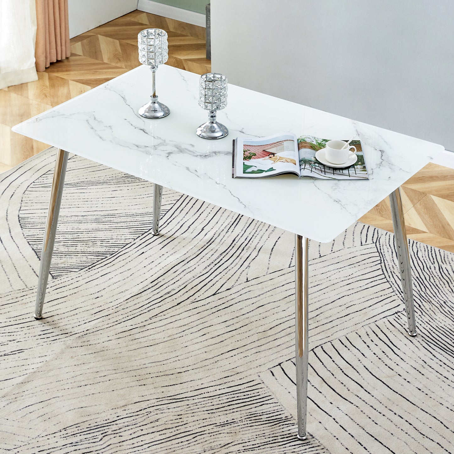 Modern Minimalist Rectangular White Marbled Tempered Glass Desktop with Silver Metal Legs_2