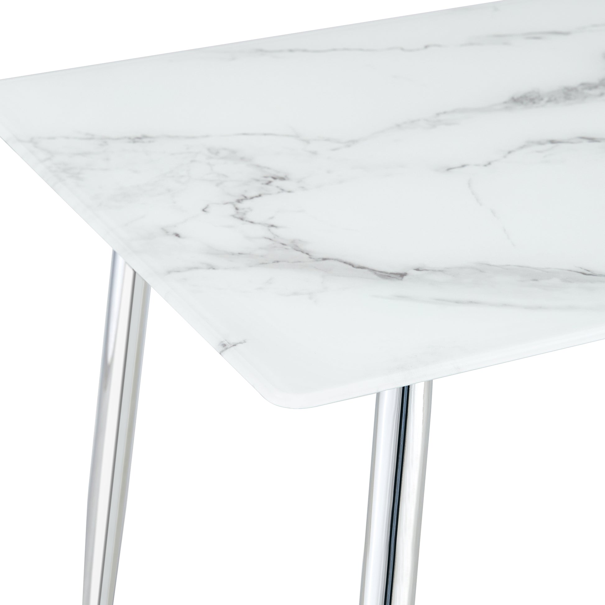 Modern Minimalist Rectangular White Marbled Tempered Glass Desktop with Silver Metal Legs_12