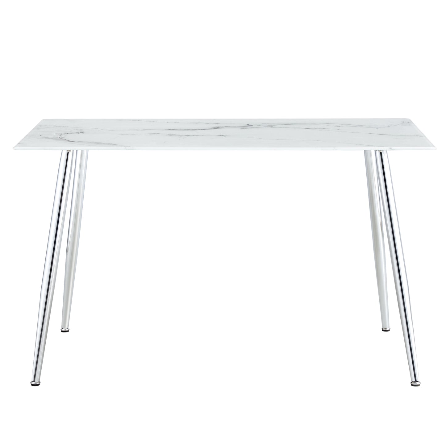 Modern Minimalist Rectangular White Marbled Tempered Glass Desktop with Silver Metal Legs_16