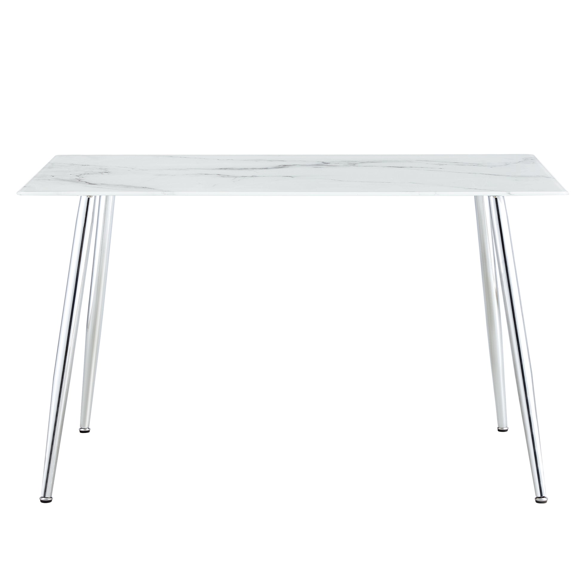 Modern Minimalist Rectangular White Marbled Tempered Glass Desktop with Silver Metal Legs_16
