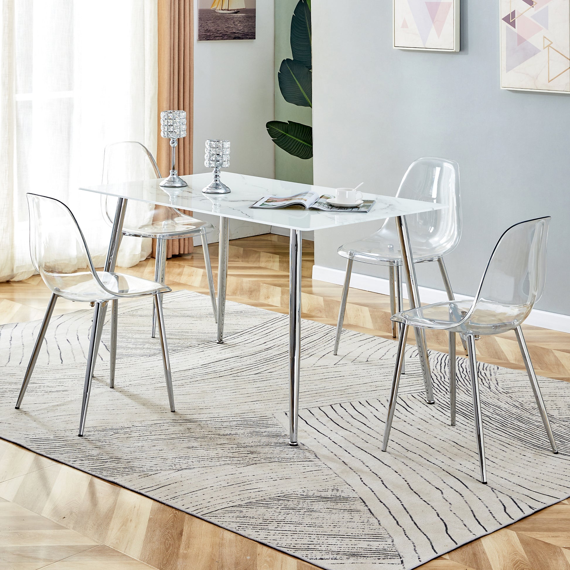 Modern Minimalist Rectangular White Marbled Tempered Glass Desktop with Silver Metal Legs_5