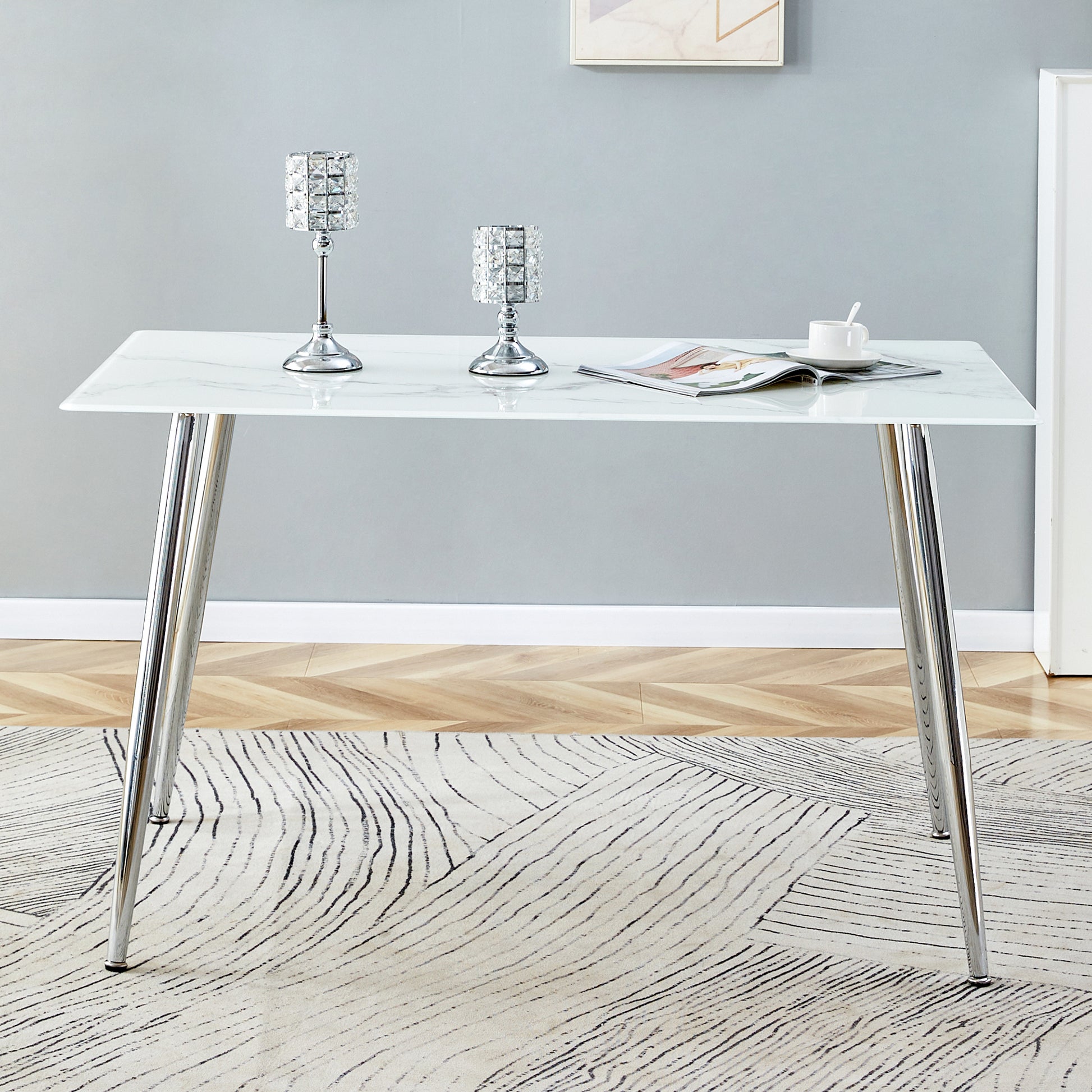 Modern Minimalist Rectangular White Marbled Tempered Glass Desktop with Silver Metal Legs_3