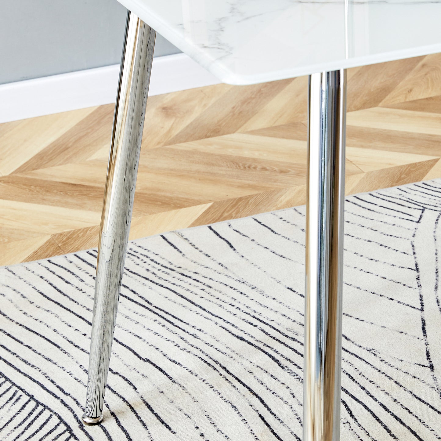 Modern Minimalist Rectangular White Marbled Tempered Glass Desktop with Silver Metal Legs_10