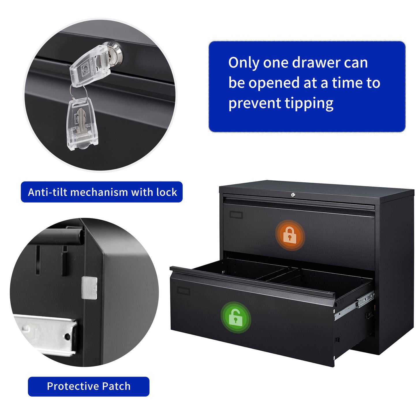 2 Drawer Lateral Metal Filing Cabinet for Legal/Letter A4 Size Documents- Black_7