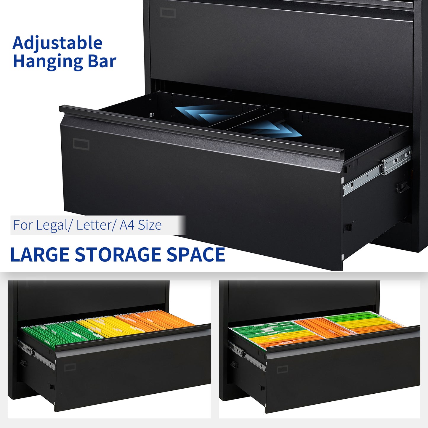 2 Drawer Lateral Metal Filing Cabinet for Legal/Letter A4 Size Documents- Black_6