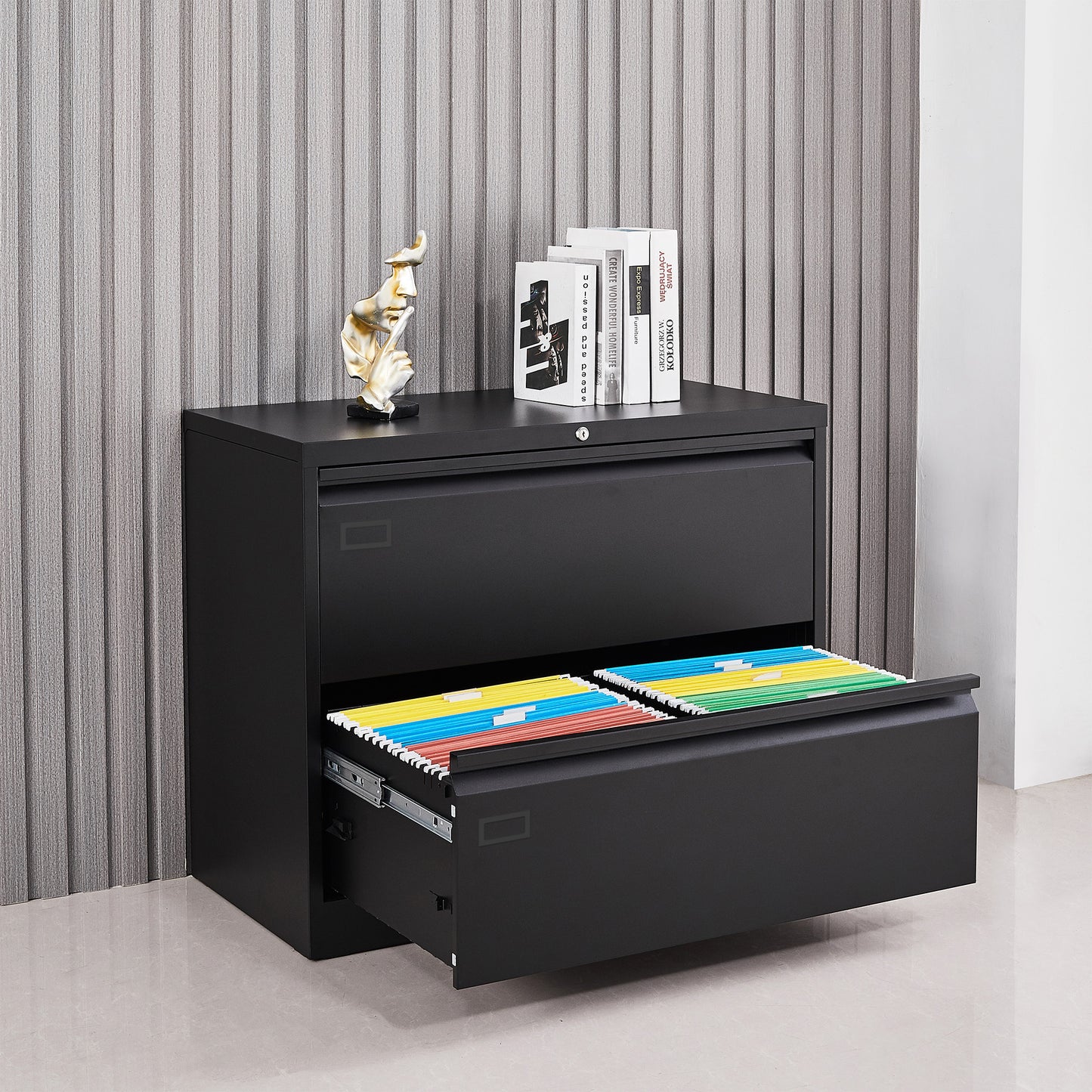 2 Drawer Lateral Metal Filing Cabinet for Legal/Letter A4 Size Documents- Black_3