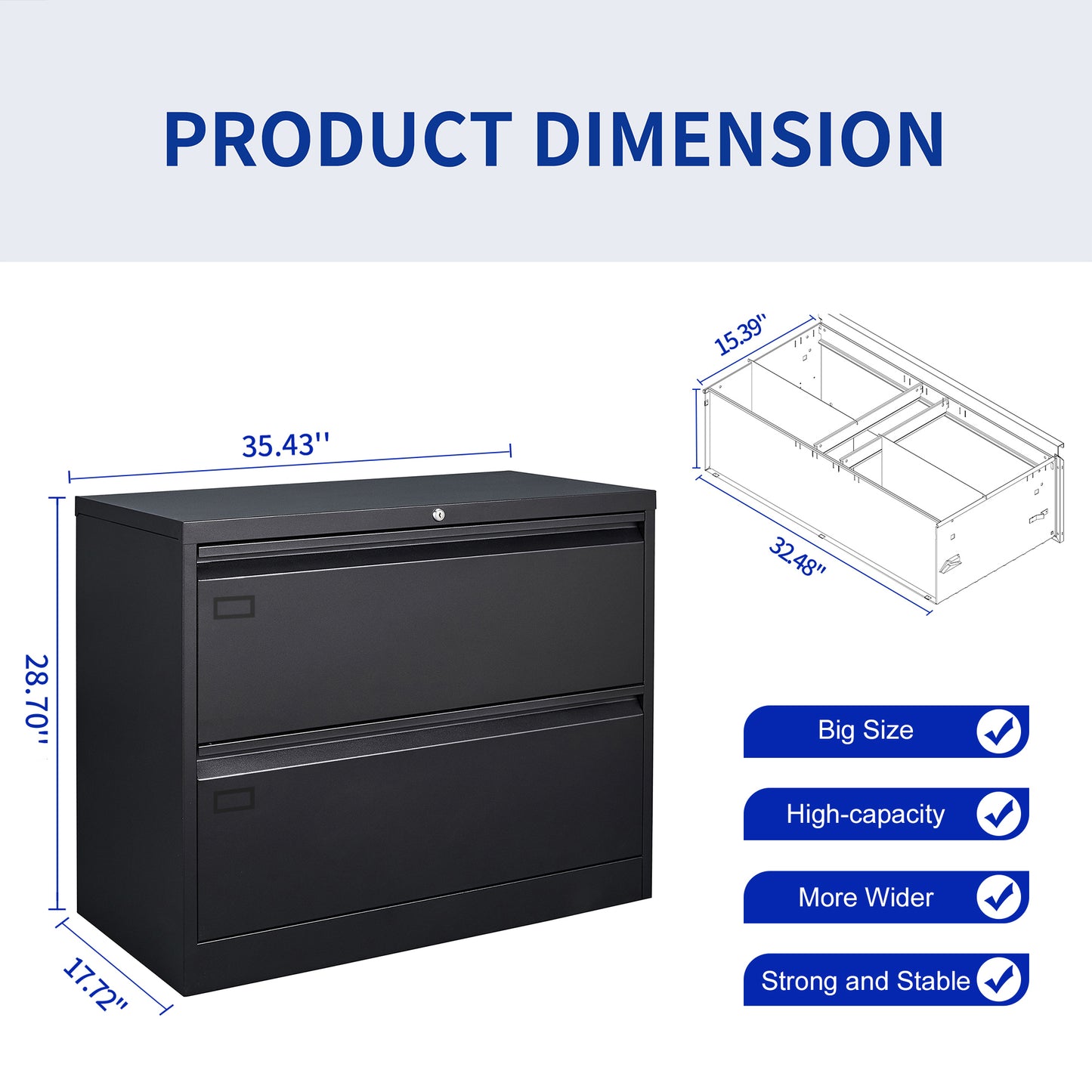 2 Drawer Lateral Metal Filing Cabinet for Legal/Letter A4 Size Documents- Black_5