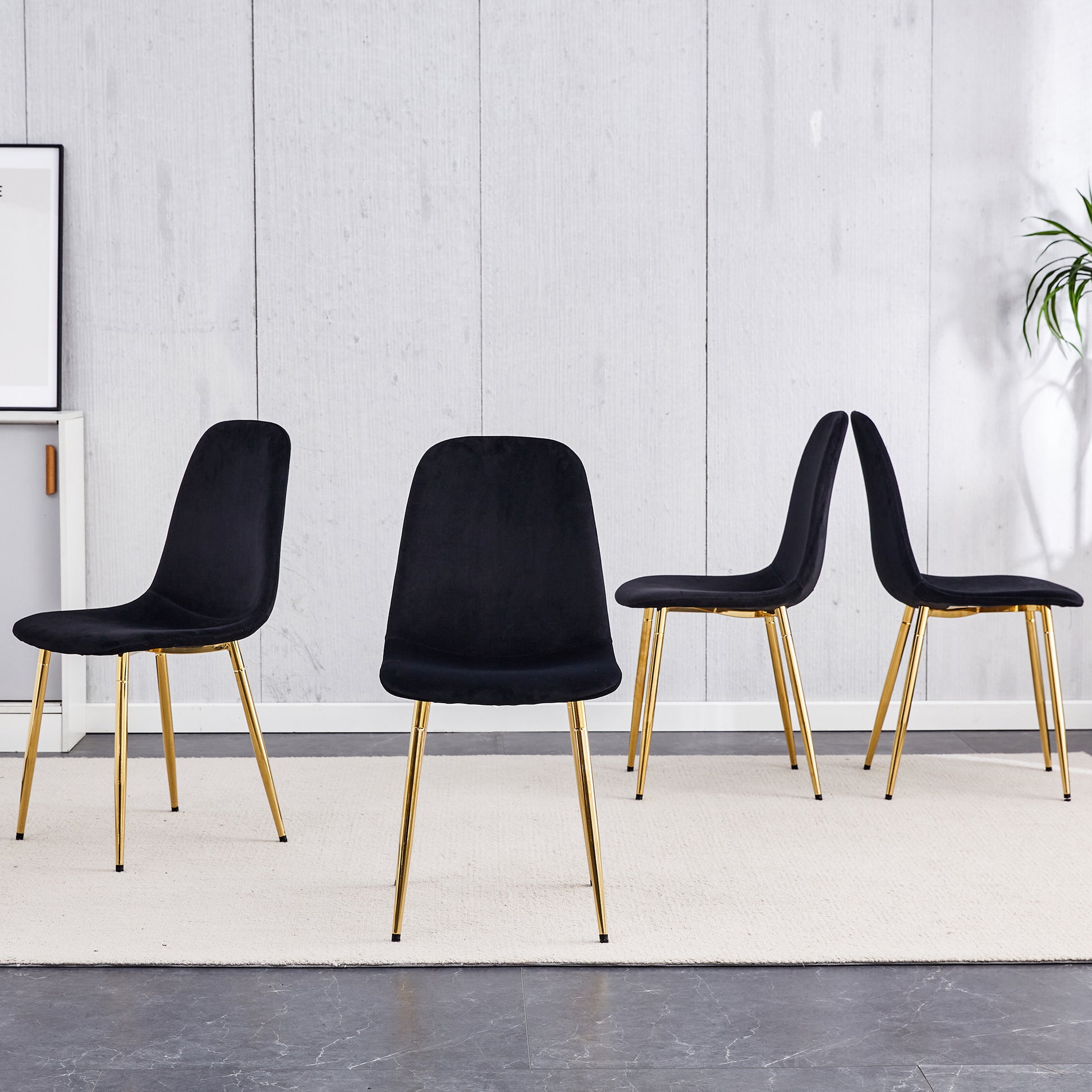 Set of 4 Modern Mid-Century Style Velvet Fabric Upholstered Chairs with Gold Legs- Black_1