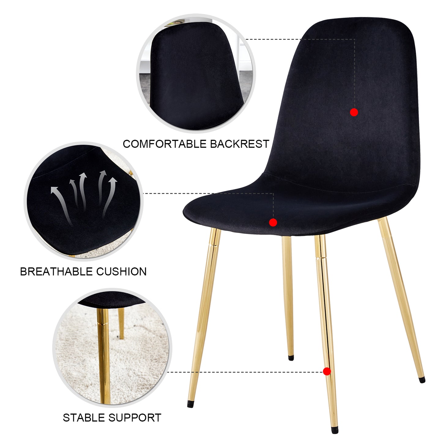 Set of 4 Modern Mid-Century Style Velvet Fabric Upholstered Chairs with Gold Legs- Black_22