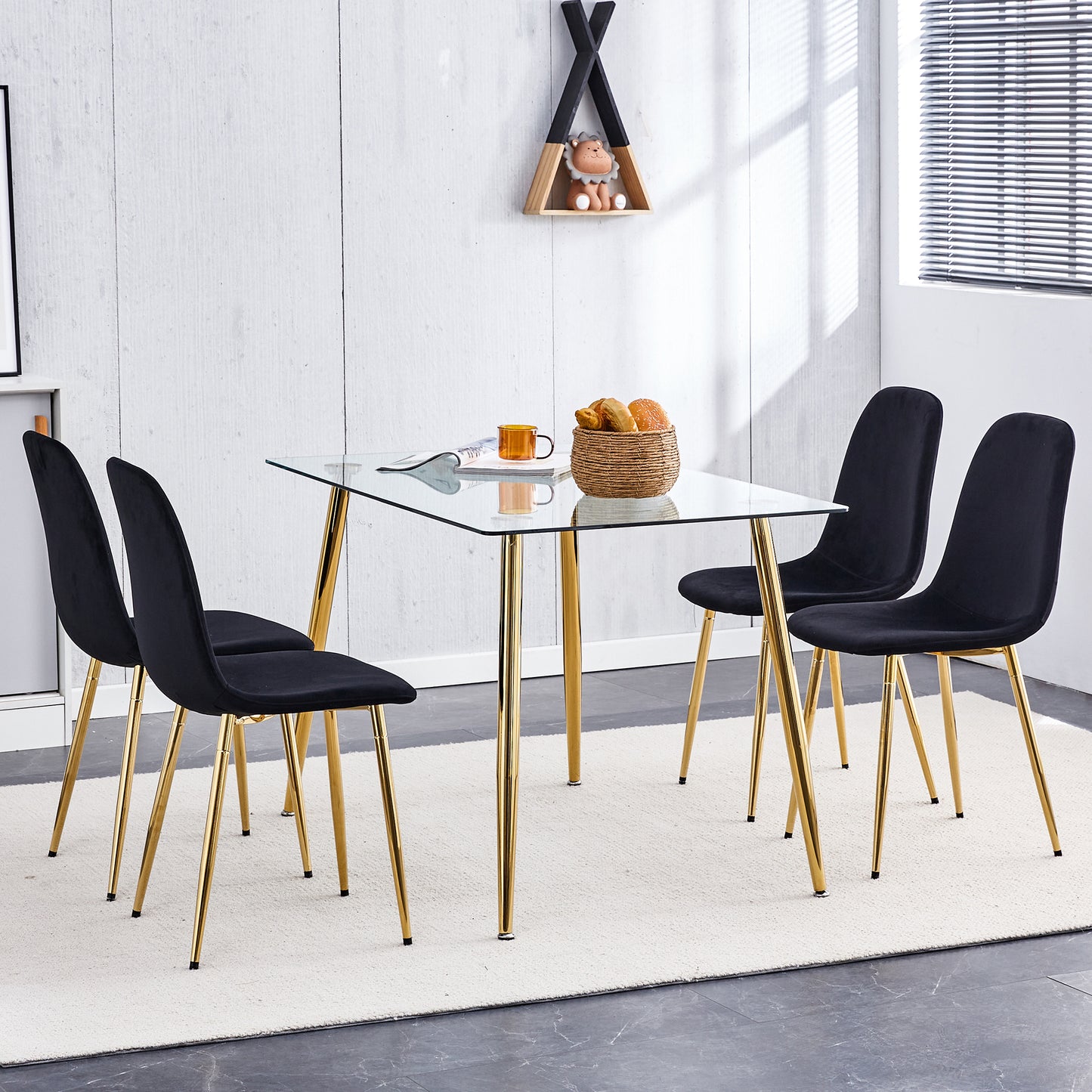 Set of 4 Modern Mid-Century Style Velvet Fabric Upholstered Chairs with Gold Legs- Black_5