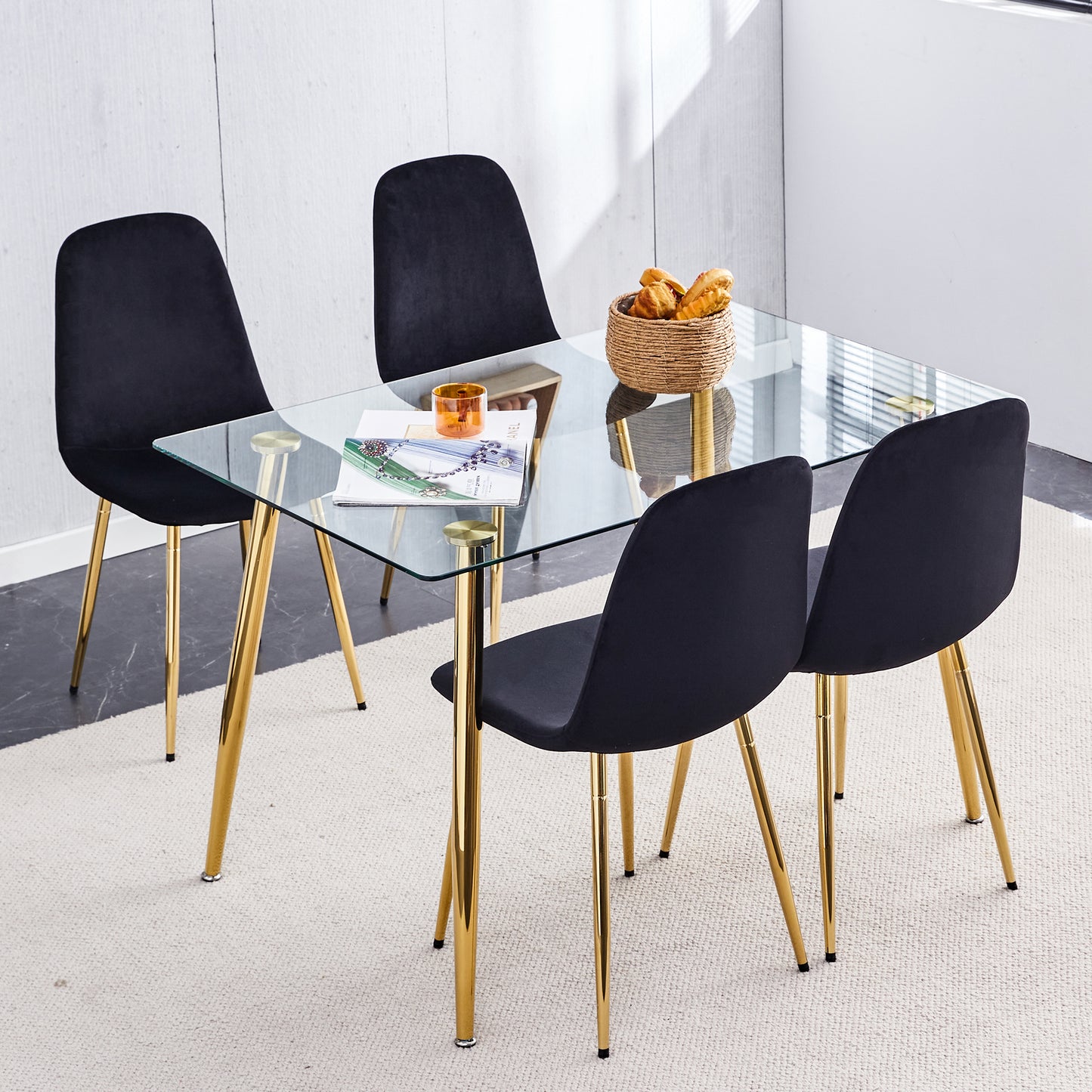 Set of 4 Modern Mid-Century Style Velvet Fabric Upholstered Chairs with Gold Legs- Black_3