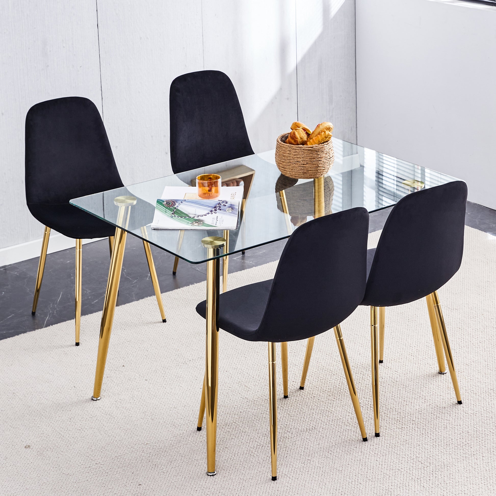 Set of 4 Modern Mid-Century Style Velvet Fabric Upholstered Chairs with Gold Legs- Black_3