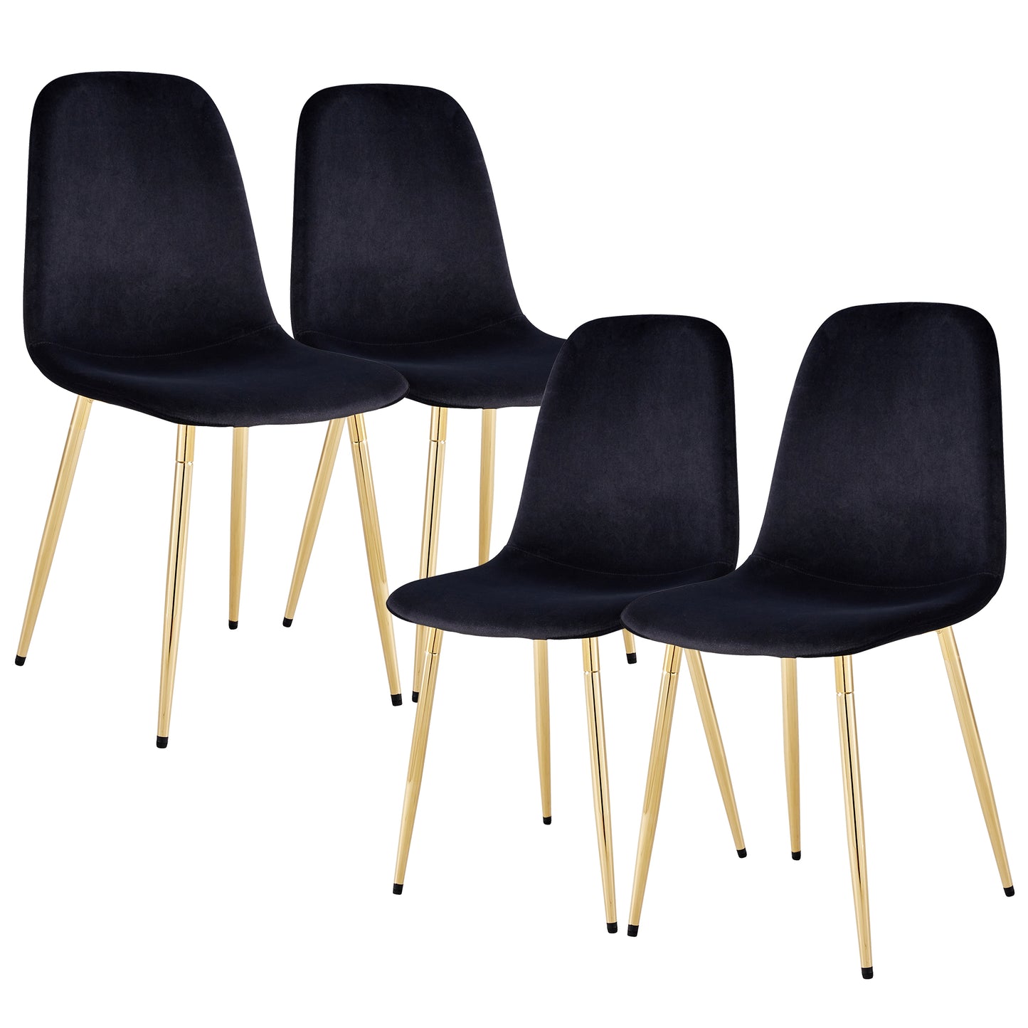 Set of 4 Modern Mid-Century Style Velvet Fabric Upholstered Chairs with Gold Legs- Black_6