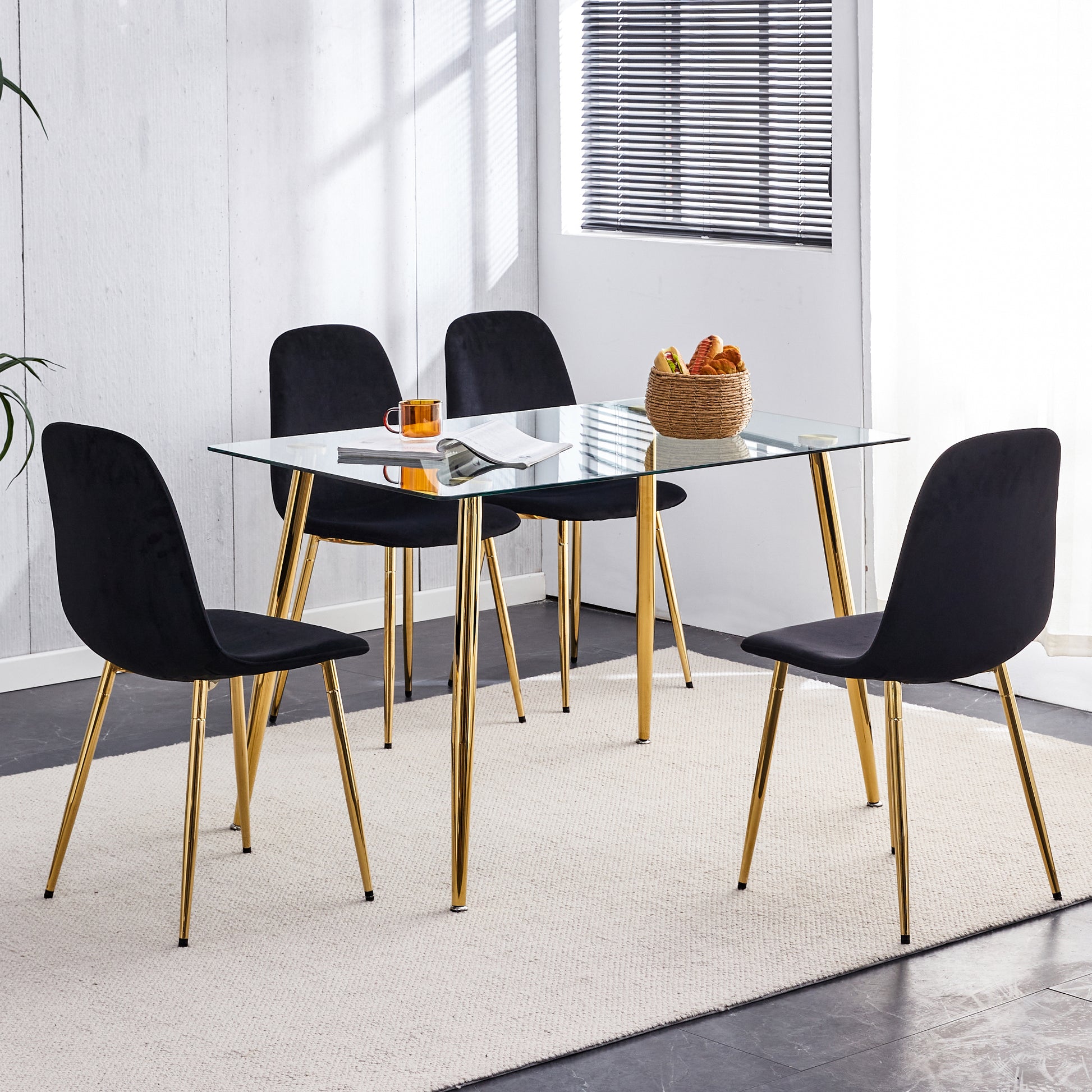 Set of 4 Modern Mid-Century Style Velvet Fabric Upholstered Chairs with Gold Legs- Black_4