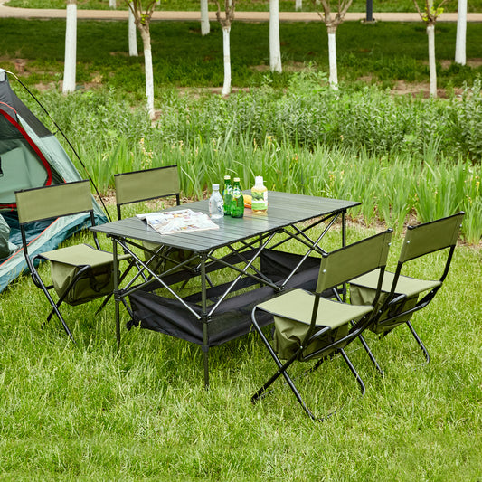 Set of 5 Outdoor Camping Foldable Chair and Roll up Portable Table- Green_0