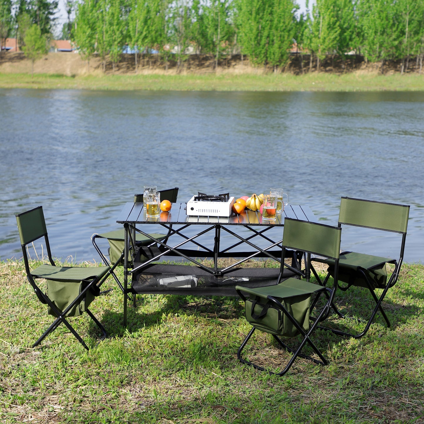 Set of 5 Outdoor Camping Foldable Chair and Roll up Portable Table- Green_2