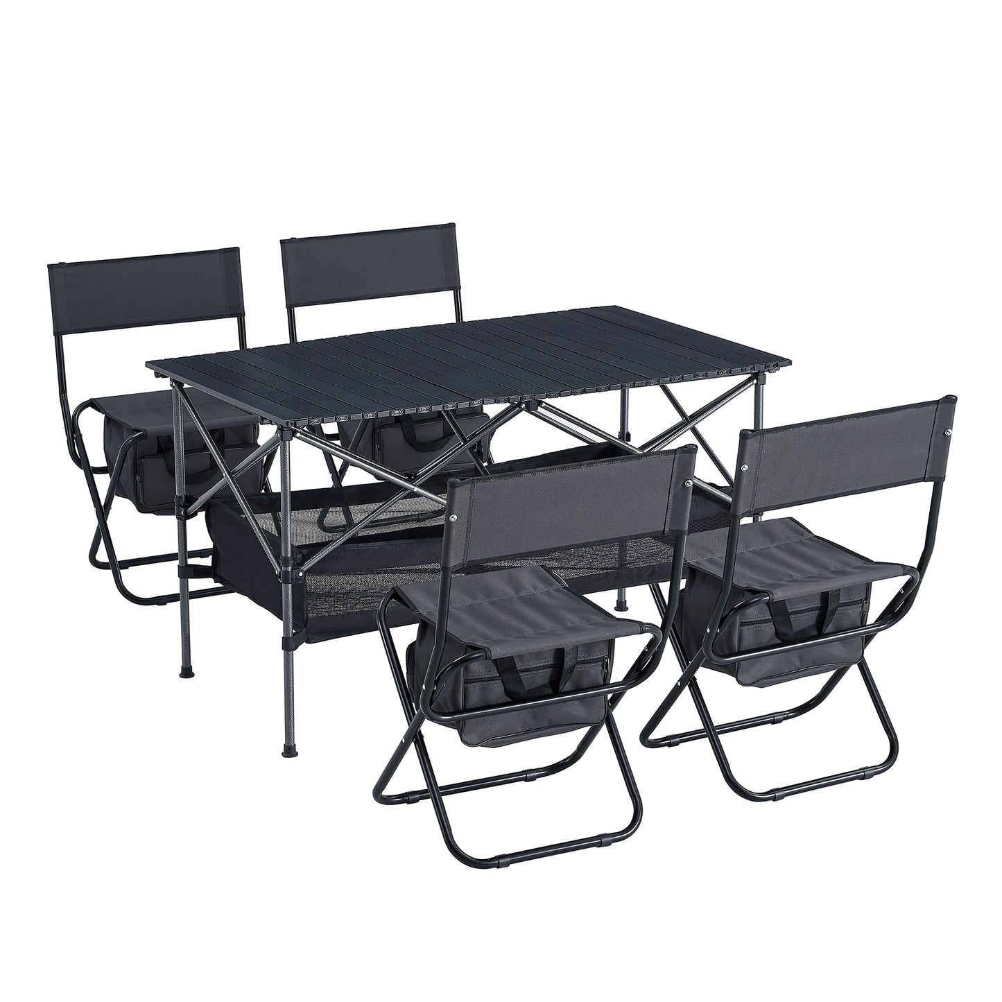 Set of 5 Outdoor Camping Foldable Chair and Roll up Portable Table- Black+Gray_14