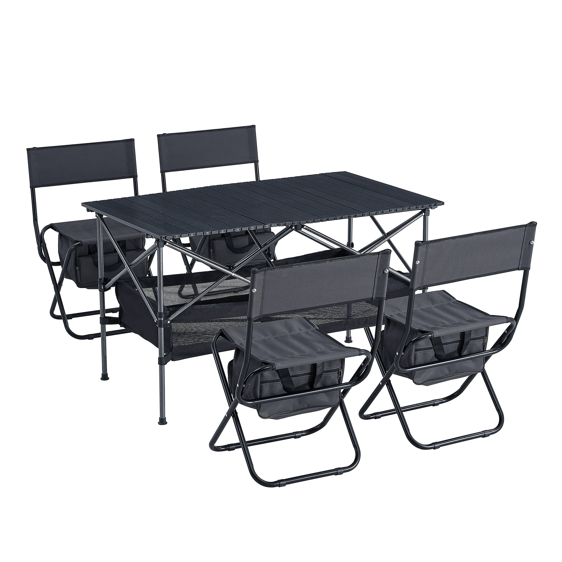 Set of 5 Outdoor Camping Foldable Chair and Roll up Portable Table- Black+Gray_14