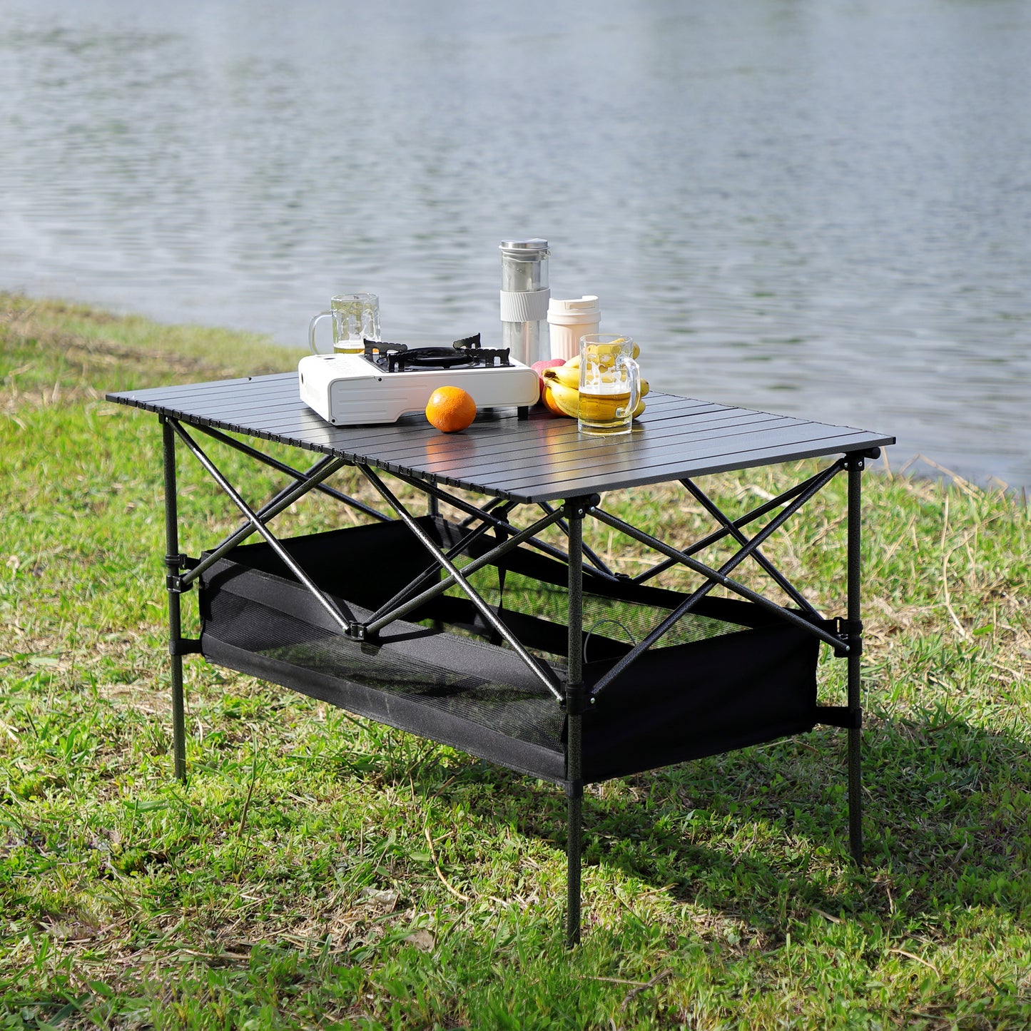 Set of 5 Outdoor Camping Foldable Chair and Roll up Portable Table- Black+Gray_2