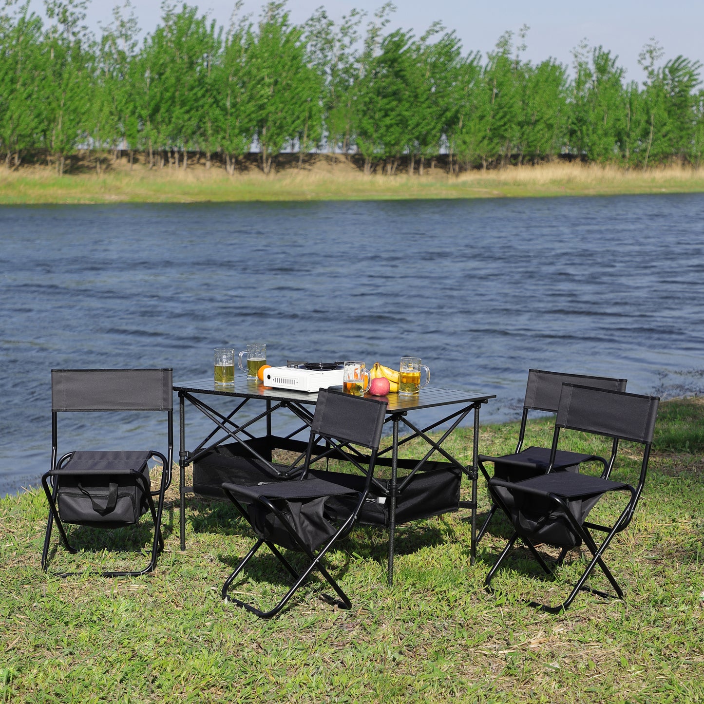 Set of 5 Outdoor Camping Foldable Chair and Roll up Portable Table- Black+Gray_3